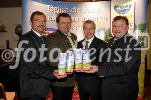 (c) fotodienst -  Eisenstadt, am 02.06.2010 - Pressefrühstück Burgenlandmilch, FOTO: v.li.: Ing. Werner Falb-Meixner (Landesrat, Burgenländische Landesregierung ), Milchbauer Gerhard Kappel, Mag. Alfred Berger (NÖM), Ing. Leopold Gruber-Doberer (MGN Milchgenossenschaft Niederösterreich) 