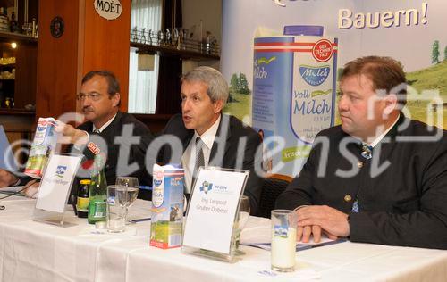 (c) fotodienst -  Eisenstadt, am 02.06.2010 - Pressefrühstück Burgenlandmilch, FOTO: v.li.: Ing. Werner Falb-Meixner (Landesrat, Burgenländische Landesregierung ), Mag. Alfred Berger (NÖM), Ing. Leopold Gruber-Doberer (MGN Milchgenossenschaft Niederösterreich) 