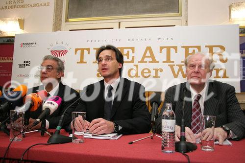 Das Theater an der Wien eröffnet als ganzjährig bespieltes Stagione-Opernhaus eine neue, eigenständige Kategorie im Wiener Kulturbetrieb. Bild v.l.: KS Plácido Domingo (Musikalische Leitung Inaugurationskonzert), Roland Geyer (Intendant Theater an der Wien), KR Franz Häußler (Generaldirektor Vereinigte Bühnen Wien). Foto: Anna Rauchenberger, Wien, 5.1.2006