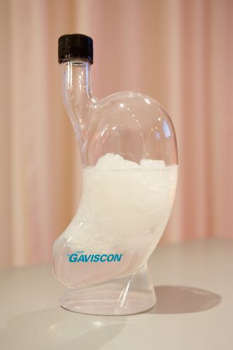  (c) fotodienst/Anna Rauchenberger - Wien, am 27.09.2012 – Jeder fünfte Erwachsene leidet einmal pro Monat unter Sodbrennen. Treten diese Beschwerden zwei bis dreimal pro Woche auf, liegt eine Refluxkrankheit vor, die bis zum Speiseröhrenkrebs führen kann. Ein neues Präparat mit dem pflanzlichen Wirkstoff Natriumalginat kann helfen. FOTO Modell eines Magens, das die Wirkung des neuen Präparats veranschaulicht: