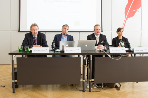  (c) fotodienst / Anna Rauchenberger - Wien, am 20.05.2014 -  Das metabolische Syndrom bezeichnet die Kombination aus erhöhten Blutzucker- und Cholesterinwerten, Bluthochdruck und bauchbetontem Übergewicht, ist aber häufig auch mit psychischen Beeinträchtigungen von Abgeschlagenheit bis zu Depression verbunden. Ein hochwertiges natürliches Nahrungsergänzungsmittel, Regulatpro Metabolic, bietet einen vielversprechenden ganzheitsmedizinischen Ansatz, wie bei der Pressekonferenz im PC Concordia erklärt wurde. FOTO v.l. Dr. Gerhard Hubmann, Ganzheitsmediziner, Berater für Komplementärmedizin der WGKK und GAMED-Vizepräsident der Wiener Internationalen Akademie für Ganzheitsmedizin, Univ. Prof. Dr. Peter Hofmann, Facharzt für Psychiatrie und Neurologie, stellvertretender Klinikvorstand der Grazer Univ.-Klinik für Psychiatrie, Dr. Marcus Stanton, Ganzheitsmediziner, Präsident und Rektor der Internationalen Fachakademie Oxidativer Stress, Präsident ProPrevent in Deutschland, Claudia Vigier, Naturopathin - Expertin für Naturheilkunde, Paris: