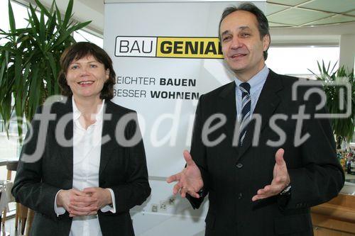 (C) fotodienst/Anna Rauchenberger - Wien 05.12.2006  - Acht führene Unternehmen der österreichischen Baustoffindustrie haben gemeinsam die Plattform BAUGENIAL gegründet. Ihr Ziel ist die Forcierung des Leichtbaus in Österreich. FOTO: DI Zdenka Debartoli (Leitung Marketing ISOVER Austria) und Ing. Peter Leditznig (GF M+V RIGIPS Austria).