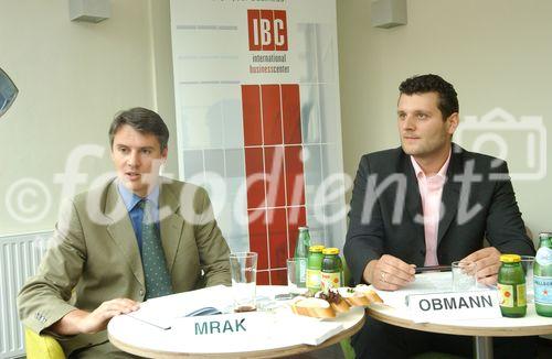 IBC setzt Impulse - Pressegespräch am 4.07.2006 in Graz
Mag.Thomas Mrak, Innofinanz - Steiermärkische Forschungs- und Entwicklungsförderungsges.m.b.H mit  Mag.Ulrich Obmann; Center Manager IBC,  