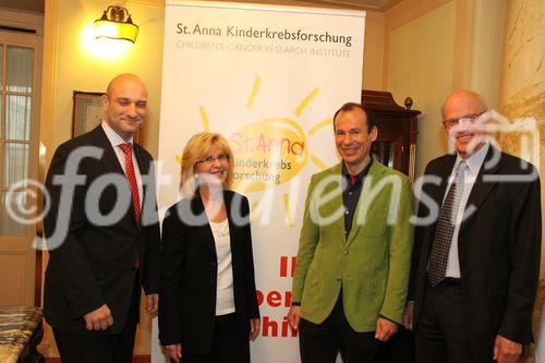 Pressekonferenz St. Anna Kinderkrebs Forschung startet EU Initiative im Kampf gegen Krebs bei Kindern. Hotel Bristol, 12.4.2011 (c) Julia Fuchs Am Bild: Riccardo Giacometti (Direktor der Hotels Bristol und Imperial), OA Univ.-Doz. Dr. Ruth Ladenstein (Leitende Oberärztin am St. Anna Kinderspital), Univ.Prof. Dr. Heinrich Kovar (Wiss. Direktor der St. Anna Kinderkrebs Forschung) und Univ. Prof. Dr. Helmut Gadner (Institutsleiter der St. Anna Kinderkrebs Forschung)