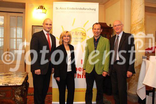 Pressekonferenz St. Anna Kinderkrebs Forschung startet EU Initiative im Kampf gegen Krebs bei Kindern. Hotel Bristol, 12.4.2011 (c) Julia Fuchs Am Bild: Riccardo Giacometti (Direktor der Hotels Bristol und Imperial), OA Univ.-Doz. Dr. Ruth Ladenstein (Leitende Oberärztin am St. Anna Kinderspital), Univ.Prof. Dr. Heinrich Kovar (Wiss. Direktor der St. Anna Kinderkrebs Forschung) und Univ. Prof. Dr. Helmut Gadner (Institutsleiter der St. Anna Kinderkrebs Forschung)