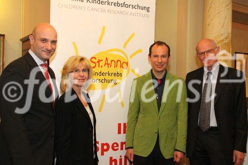 Pressekonferenz St. Anna Kinderkrebs Forschung startet EU Initiative im Kampf gegen Krebs bei Kindern. Hotel Bristol, 12.4.2011 (c) Julia Fuchs Am Bild: Riccardo Giacometti (Direktor der Hotels Bristol und Imperial), OA Univ.-Doz. Dr. Ruth Ladenstein (Leitende Oberärztin am St. Anna Kinderspital), Univ.Prof. Dr. Heinrich Kovar (Wiss. Direktor der St. Anna Kinderkrebs Forschung) und Univ. Prof. Dr. Helmut Gadner (Institutsleiter der St. Anna Kinderkrebs Forschung)