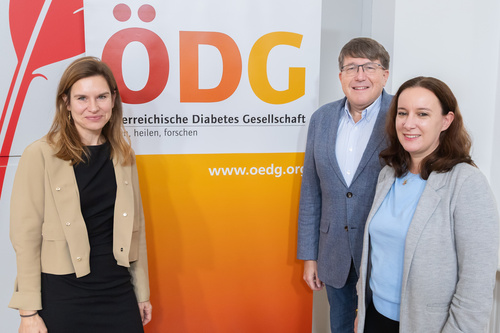 Die Österreichische Diabetes Gesellschaft informiert darüber, dass moderne Medikamente und neue technische Hilfsmittel Menschen mit Diabetes ein gutes und langes Leben ermöglichen, das sich kaum von dem Leben anderer Menschen unterscheidet. Im Bild v.l.n.r.: Priv.-Doz. Dr. Maria Fritsch (Fachärztin für Kinder- und Jugendheilkunde, Graz), Prim. Univ.-Prof. Dr. Peter Fasching, MBA (Präsident der ÖDG, Wien) und Univ.-Prof. Priv.-Doz. Dr. Julia Mader (ÖDG Vorstand, First Secretary elect, Graz)