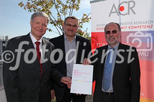  (c) fotodienst/Katharina Schiffl - Wien, am 26.04.2012 - ACR und BMWFJ präsentieren Innovationsradar für KMU. FOTO DI Martin Leitl, Präsident der ACR; Mag. Josef Mandl, Leiter der Abt. für Innovation und Transfer, Bundesministerium für Wirtschaft, Familie und Jugend; DI Dr. Johann Jäger, Geschäftsführer der ACR: