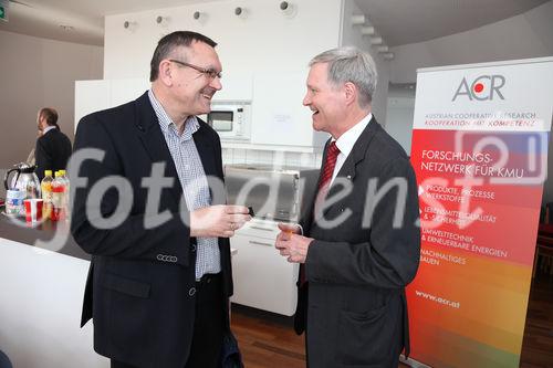  (c) fotodienst/Katharina Schiffl - Wien, am 26.04.2012 - ACR und BMWFJ präsentieren Innovationsradar für KMU. FOTO Mag. Josef Mandl, Leiter der Abt. für Innovation und Transfer, Bundesministerium für Wirtschaft, Familie und Jugend; DI Martin Leitl, Präsident der ACR.: