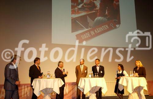 Kärnten-Delegation in Speyer auf dem Podium (v.l.n.r.) Manfred Geiger (BKS Bank), Stefan Schimeon und Georg Schiller von der Tubex AG, KPMG-Wirtschaftstreuhänder Josef Weinländer, Friedrich Schmiedl von der Austrian Business Agency (ABA), Moderatorin, Entwicklungsagentur-Geschäftsführerin Sabrina Schütz.