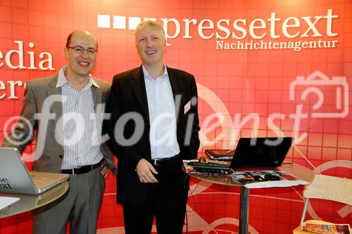 Die Themen Management und Leadership standen im Mittelpunkt des Kommunikationskongresses 2011, der am 15. und 16. September in Berlin stattfand. Im Bild: Dietmar Wilke (pressetext) und Thorsten Urbanski von G Data.