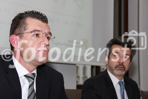 Jahres - Pressekonferenz des Raiffeisen Capital Manegement 1010 Wien, 7.12.2011 (c) Julia Fuchs für Fotodienst, am Bild  Mag. Kurt Kotzegger (CIO Aktien & Asset Allocation),  Dr. Mathias Bauer (Vorsitzender der Geschäftsführung), Mag. Dieter Aigner (Geschäftsführer):