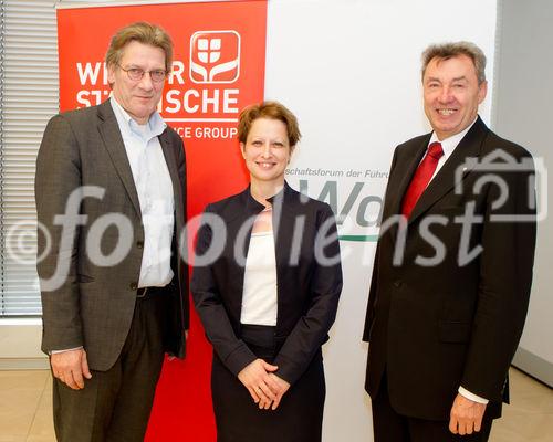  (c) fotodienst/Anna Rauchenberger - Wien, am 14.12.2011 - In seiner dritten Gesundheitsstudie holte das Wirtschaftsforum der Führungskräfte (WdF) ein aktuelles Bild der Work-Life-Balance und des Gesundheitszustands der heimischen Manager ein. Demzufolge steigt die Psychische Belastung trotz Vorsorge der Manager. Die Studie wurde heute in den Räumlichkeiten der Wiener Städtischen Versicherung im Ringturm präsentiert. FOTO v.l. Dr. Felix Josef, Triconsult, Dr. Judit Havasi, Vorstandsdirektorin der Wiener Städtischen Versicherung, KR Viktor Wagner, stv. Bundesvorsitzender des WdF: