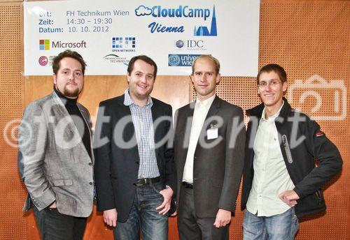 Beschreibung: © fotodienst/Barbara Loschan – Wien, am 10.10.2012 – 3rd Cloud Camp Vienna 2012: Am Mittwoch, den 10. Oktober hat an der FH Technikum Wien das dritte CloudCamp Austria stattgefunden. Als Un-Konferenz ohne festes Programm den Open Space Prinzipien (Grundidee „der aus Pausen bestehenden Konferenz“) folgend, entsteht vor Ort nach den konkreten Anliegen der Teilnehmer eine grobe Grundstruktur an Gesprächsthemen. In aktiven parallelen Gruppenphasen wird bei regem Gruppenwechsel der Teilnehmer aus Forschung und Industrie sowie zusätzlichen, spontanen Steh-Tisch-Gesprächen kalkuliert, gecodet und diskutiert. 
FOTO v.l.n.r.: Alexander Wöhrer (WWTF), Mario Meir-Huber (IDC), Martin Köhler (Uni Wien), Mario Szpuszta (Microsoft)