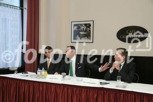 Markteintritt in Österreich der Hanseatischen Capitalberatungsgesellschaft. Bild v.l.: Dr. Viktor Bauer (Pressebetreuung, Public Relations GmbH), Harald Christ (Vorsitzender des Vorstandes HCI Capital AG) und Dr. Georg Kesselgruber (Österreich-Geschäftsführer HCI Capital AG)