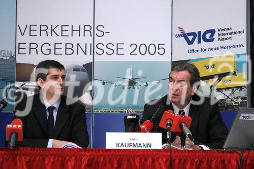 Flughafen Wien kann für das Jahr 2005 gute Verkehrsergebnisse und 7,3 % Passagierwachstum verzeichnen. Bild v.l.: Michael Kochwalter (Vienna International Airport) und Mag. Herbert Kaufmann (Vorstandssprecher der börsennotierten Flughafen Wien AG). Foto: Anna Rauchenberger, am 18.01.06