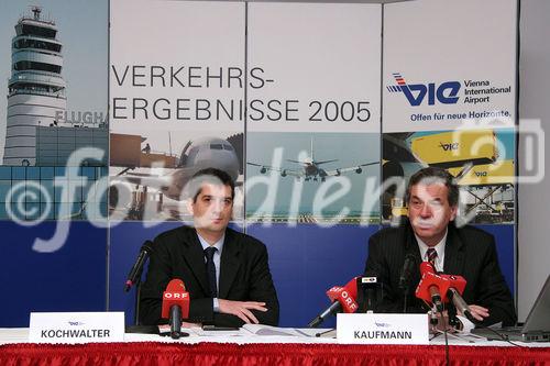 Flughafen Wien kann für das Jahr 2005 gute Verkehrsergebnisse und 7,3 % Passagierwachstum verzeichnen. Bild v.l.: Michael Kochwalter (Vienna International Airport) und Mag. Herbert Kaufmann (Vorstandssprecher der börsennotierten Flughafen Wien AG). Foto: Anna Rauchenberger, am 18.01.06