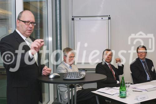 Bilanzmedienkonferenz Goldbach Media AG. Bild: Martin Radelfinger, CEO der AdLINK Internet Media AG und Leiter BD GBM; Klaus Kappeler, Chief Executive Officer (CEO) der Goldbach Media AG; Peter A.C. Blum, Praesident des Verwaltungsrates der Goldbach Media AG; Mario Hrastnig, Chief Financial Officer (CFO) der Goldbach Media AG