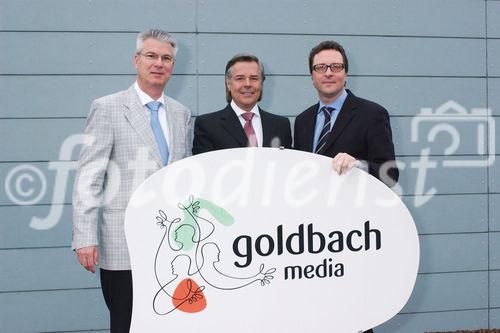 Bilanzmedienkonferenz Goldbach Media AG. Bild: Klaus Kappeler, Chief Executive Officer (CEO) der Goldbach Media AG; Peter A.C. Blum, Praesident des Verwaltungsrates der Goldbach Media AG; Mario Hrastnig, Chief Financial Officer (CFO) der Goldbach Media AG