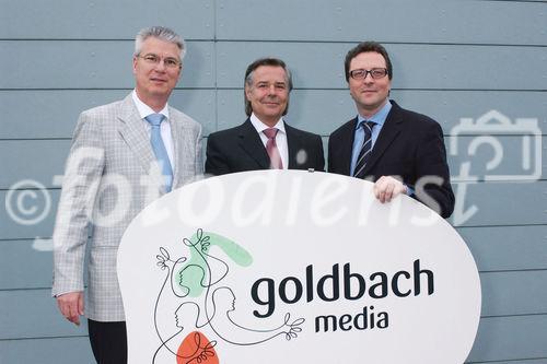 Bilanzmedienkonferenz Goldbach Media AG. Bild: Klaus Kappeler, Chief Executive Officer (CEO) der Goldbach Media AG; Peter A.C. Blum, Praesident des Verwaltungsrates der Goldbach Media AG; Mario Hrastnig, Chief Financial Officer (CFO) der Goldbach Media AG