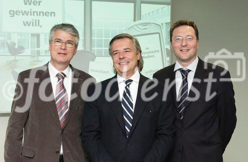 Bilanzmedienkonferenz Goldbach Media AG. Bild: Klaus Kappeler, Chief Executive Officer (CEO) der Goldbach Media AG; Peter A.C. Blum, Praesident des Verwaltungsrates der Goldbach Media AG; Mario Hrastnig, Chief Financial Officer (CFO) der Goldbach Media AG