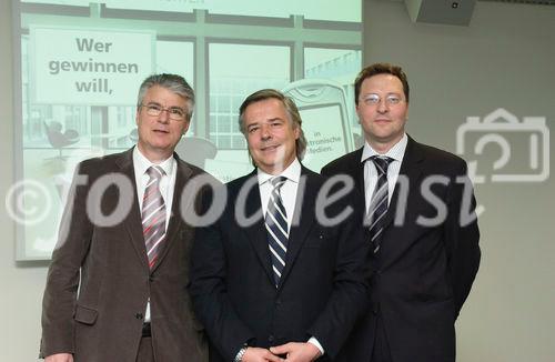 Bilanzmedienkonferenz Goldbach Media AG. Bild: Klaus Kappeler, Chief Executive Officer (CEO) der Goldbach Media AG; Peter A.C. Blum, Praesident des Verwaltungsrates der Goldbach Media AG; Mario Hrastnig, Chief Financial Officer (CFO) der Goldbach Media AG