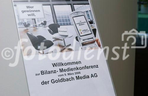 Bilanzmedienkonferenz Goldbach Media AG. Bild: Begruessungs-Plakat
