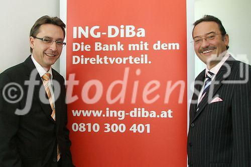 (C) fotodienst/Anna Rauchenberger - Wien 07.06.2006 - Die mit 211.000 Kunden größte Direktbank in Österreich hebt ab 1. Juli die Sparzinsen für täglich verfügbare Einlagen auf 3,0%. FOTO v.l.: Klaus Oskar Schmidt (Vorstandsmitglied der ING-DiBa AG) und Heinz Stiastny (General Manager der ING-DiBa Austria).