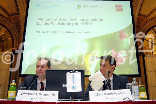 (c) Gebhart / Fotodienst - Präsentation des World Payments Report 2006 - Foto: Diederick Bruggink (Vice President, Senior Advisor Payments & Cards, ABN AMRO), Dipl.-Wirtschaftsing. Jan Michalewicz (Principal Consultant, Leiter der Bankengruppe, Capgemini Austria/CEE).