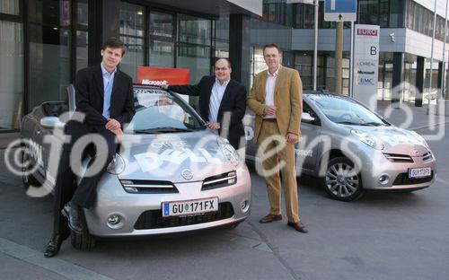 (C) Anna Rauchenberger - Wien 01.06.2007 - Microsoft übergibt DELL feierlich die Schlüssel zu den zwei brandneuen Nissan Micra C+C. FOTO v.l.:  Veit Dengler (General Manager von DELL Central European Region), Werner Höllrigl (Leiter des Bereichs OEM bei Microsoft und Mitglied der Geschäftsleitung), Thomas Hillebrand (Dell Managing Director Austria).