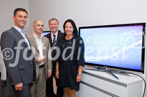 (c) fotodienst / Johannes Brunnbauer | Microsoft (v.l.n.r.: Robert Lampl,Harald Leitenmüller, Gerhard Goeschl und Petra Jenner) lädt zum Presse Dinner - Internet Explorer 9 - The Beauty of the web. Microsoft informiert im Lokal Schon Schön über die weltweite Verfügbarkeit des Internet Explorer 9 Beta. Im Rahmen einer Live-Demo stellt Microsoft den neuen Browser im Detail vor. Außerdem präsentiert Mcirosoft bereits zum Start des IE9 namhafte Szenarien nationaler und internationaler Partner, die auf Technologie und Möglichkeiten des neuen Browsers setzen.