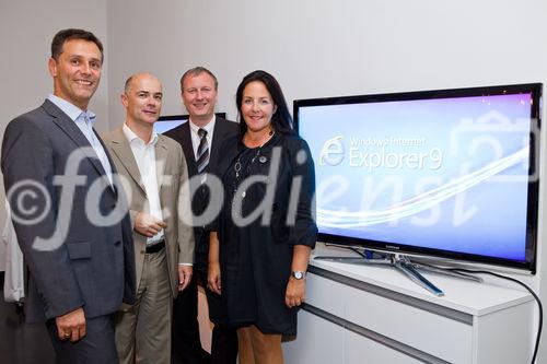 (c) fotodienst / Johannes Brunnbauer | Microsoft (v.l.n.r.: Robert Lampl,Harald Leitenmüller, Gerhard Goeschl und Petra Jenner) lädt zum Presse Dinner - Internet Explorer 9 - The Beauty of the web. Microsoft informiert im Lokal Schon Schön über die weltweite Verfügbarkeit des Internet Explorer 9 Beta. Im Rahmen einer Live-Demo stellt Microsoft den neuen Browser im Detail vor. Außerdem präsentiert Mcirosoft bereits zum Start des IE9 namhafte Szenarien nationaler und internationaler Partner, die auf Technologie und Möglichkeiten des neuen Browsers setzen.