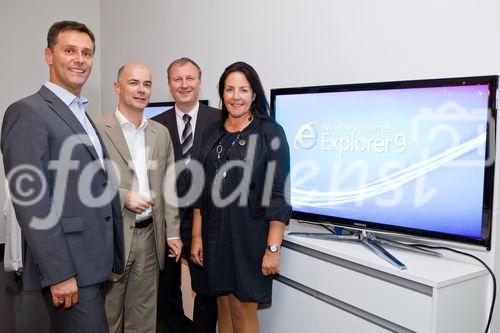 (c) fotodienst / Johannes Brunnbauer | Microsoft (v.l.n.r.: Robert Lampl,Harald Leitenmüller, Gerhard Goeschl und Petra Jenner) lädt zum Presse Dinner - Internet Explorer 9 - The Beauty of the web. Microsoft informiert im Lokal Schon Schön über die weltweite Verfügbarkeit des Internet Explorer 9 Beta. Im Rahmen einer Live-Demo stellt Microsoft den neuen Browser im Detail vor. Außerdem präsentiert Mcirosoft bereits zum Start des IE9 namhafte Szenarien nationaler und internationaler Partner, die auf Technologie und Möglichkeiten des neuen Browsers setzen.