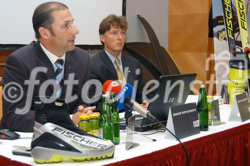 (C)fotodienst/Mag. Daniel Katzinger - Wien 04.10.2006,
Heute fand im Vienna Marriot Hotel das Fischer-Ski Wirtschafts-Pressegespräch 2006 statt.
Es wurden Details aus den Bereichen Unternehmen/Finanzen und Sport/Events präsentiert.
Foto v.l.: Ing. Gregor Dietachmayr (Der Geschäftsführer der Fischer Ges.m.b.H), Mag. Gernot Kellermayr (Verkaufsleiter für Österreich)