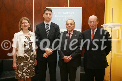 20 Jahre Aktienforum - 1 Jahr Mitgliedschaft bei EuropeanIssuers, Foto: Markus Fichtinger, Dorien Fransens, Generalsekretärin EuropeanIssuers, 
Geschäftsführer Aktienforum, Hellmut Longin, Präsident Aktienforum, Jacques Schraven, Chairman EuropeanIssuers, 