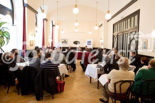 (C)fotodienst/Anna Rauchenberger Wien, 11.01.2011 - Wer heute bei der Abwicklungsstelle für Ökostrom (OeMAG) um eine Tarifförderung für eine Photovoltaik-Anlage über 5 kWp ansucht, kann nach bestehender Rechtslage erst im Jahr 2020 mit einer Förderzusage rechnen. Der Bundesverband für Photovoltaic Austria (PVA) berichtet über die aktuelle Fördersituation für Photovoltaik in Österreich. FOTO: Pressekonferenz im Café Griensteidl