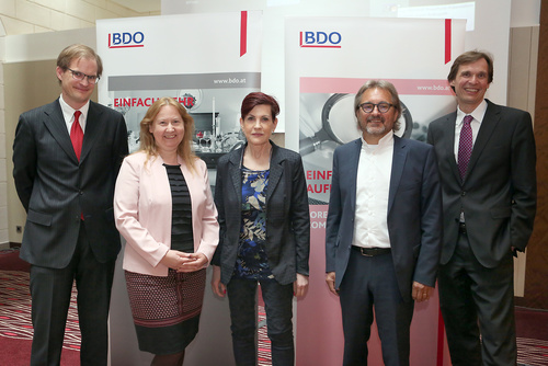 BDO Fraud & Compliance Conference. Im Bild vlnr.: Dr. Hans Kristoferitsch, Dipl.-Math. oec. Gabriele Bolek-Fügl, Dr. Sigrun Roßmanith, Ernst Petri, Mag. Markus Trettnak.