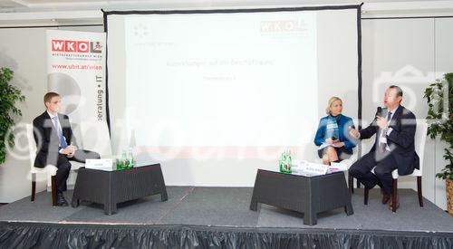 (C)fotodienst/Anna Rauchenberger Wien, 01.12.2010 -  Die Fachgruppe Unternehmensberatung und IT der Wirtschaftskammer Wien in Kooperation mit Conect Eventmanagement GmbH lud heute zu ‚Entwicklung des internationalen Software- und IT-Diensleistungsmarktes’ in das Suite Hotel am Kahlenberg. Ziel des Events ist es, Entscheidungsträgern aus Politik, Wirtschaft, IT und Wissenschaft einen Überblick über die Entwicklung des internationalen Software und IT Dienstleistungsmarktes zu geben. FOTO v.l.: ao. Univ. Prof. MMag. Dr. Gottfried Haber Universität Klagenfurt, Dr. Inge Friehs, AMS Wien, Michael Würzelberger, MAS, Raiffeisen Informatik