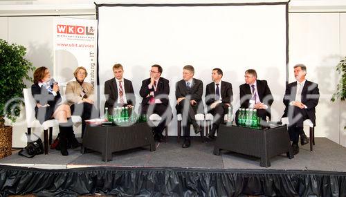 (C)fotodienst/Anna Rauchenberger Wien, 01.12.2010 -  Die Fachgruppe Unternehmensberatung und IT der Wirtschaftskammer Wien in Kooperation mit Conect Eventmanagement GmbH lud heute zu ‚Entwicklung des internationalen Software- und IT-Diensleistungsmarktes’ in das Suite Hotel am Kahlenberg. Ziel des Events ist es, Entscheidungsträgern aus Politik, Wirtschaft, IT und Wissenschaft einen Überblick über die Entwicklung des internationalen Software und IT Dienstleistungsmarktes zu geben. FOTO v.l.: Mag. Karin Hakl, NRAbg ÖVP, Dr. Ruperta Lichtenecker, NRAbg Die Grünen, Timo Leimbach, PhD, Fraunhofer Institute for Systems and Innovation Research, Dr. Christian Rupp, Bundeskanzleramt, Robert Bodenstein, CMC, Fachgruppe UBIT Wien, DI Wilfried Seyruk, WKÖ FV UBIT, DI Peter Kuen, Wirtschaftsagentur, Ing. Kurt Gartenlehner, NRAbg SPÖ