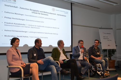 Die Zukunft des Alpentourismus liegt liegt in Gesundheit- und Wellnessangeboten für die Generation 65+ als stärkst wachsende Zielgruppe. Der Travel Industry Club Austria diskutierte auf dem Alpengesundheitskongress in St. Johann im Pongau über die notwendigen Maßnahmen. Im Bild v.l.n.r. Cathrine Maislinger (LEADER-Region LebensWertPongau), Helmut Schwarzenberger (Naturfreunde Salzburg), Harald Hafner (Travel Industry Club Austria), Friedrich Kaindlsdorfer (Bad Kreuzen), Philipp Hochenburger (ÖZIV).