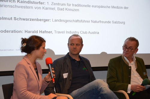 Die Zukunft des Alpentourismus liegt liegt in Gesundheit- und Wellnessangeboten für die Generation 65+ als stärkst wachsende Zielgruppe. Der Travel Industry Club Austria diskutierte auf dem Alpengesundheitskongress in St. Johann im Pongau über die notwendigen Maßnahmen. Im Bild v.l.n.r. Cathrine Maislinger (LEADER-Region LebensWertPongau), Helmut Schwarzenberger (Naturfreunde Salzburg), Harald Hafner (Travel Industry Club Austria).