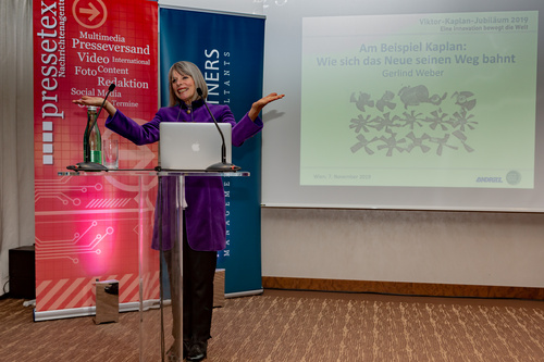 Im Wiener Palais Hansen Kinski feierte die Viktor Kaplan Gesellschaft am 7. November 2020 den 100. Jahrestag der Erstinstallation einer Kaplan-Turbine. Im Bild: Kaplan-Enkelin Univ.-Prof. Dipl.-Ing. Dr. Gerlind Weber.