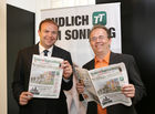 (C) fotodienst/Anna Rauchenberger - Wien, 13.08.2008 - Die Tiroler Tageszeitung (TT) erfüllt einen lang gehegten Leserwunsch: Am 17. August erscheint erstmals die Sonntags-Ausgabe der Tiroler Tageszeitung. Die Sonntags-TT wird im Gegensatz zu den übrigen TT-Ausgaben im Kleinformat erscheinen. FOTO v.l.: Frank Staud (TT-Chefredakteuer), Hermann Petz (Vorstandsvorsitzender der Moser Holding).  