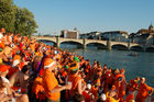 Ein Meer von Oranje-Fans auf der Basler Rheintribune in der Fanzone vor der Niederlage und dem Ausscheiden ihrer Fussballmannschaft an der Eurir 2008. An ocean of Oranje-Football-fans standign and siting on the Rhein-tribune in Basle bevore the game Russia-Holland.