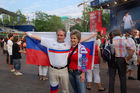 Russian footballfans in the arena of Zürich at the concert before the last match. Russische Fussballfans in der Fan-Arena von Zürich am Konzert vor dem letzten Spiel, 