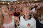 Zwei Frauen jubeln nach dem Ausgleich und zeigen Emotionen und Begeisterung  für die siegreiche deutschen Fussballmannschaft im Spiel gegen die Türkei  in der Fanzone von Zürich. After the victory of the german footballteam against the turkish footballers the german fans are celebrating the victory of their team