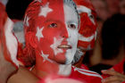 Euro 2008: Türkischer Fussballfan mit bemaltem, geschminktem Gesicht in der Fanarena von Zürich. Turkish footballfan in the fan-arena at the match Germany-Turkey