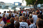 Deutsche Fans auf der Tribune am Rhein in Basels Fanzone warten gespannt auf den Spielbeginn