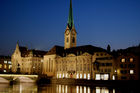 Zürich, Fraumünsterkirche an der Limmat nachts hell beleuchtet, Switzerland, Zürich by night. Fraumünster-church at the Limmat river in the old part of the town. 
