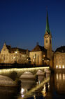 Zürich, Fraumünsterkirche an der Limmat nachts hell beleuchtet, Switzerland, Zürich by night. Fraumünster-church at the Limmat river in the old part of the town. 
